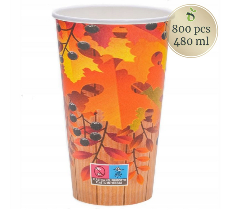 800 szt. kubki papierowe 480 ml z nadrukiem jesienne liście do kawy herbaty ECOPICNIC